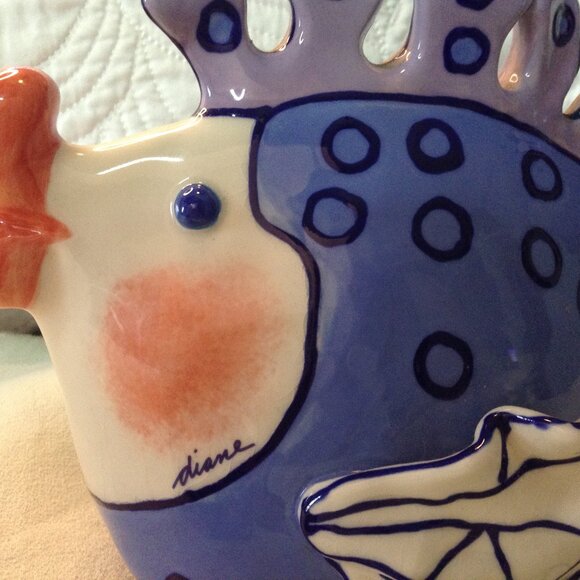 VTG 2002 3 pc Signed Diane, Stoneware Kissing Fish Set; Beach Vibes, Kitschy - Picture 3 of 5